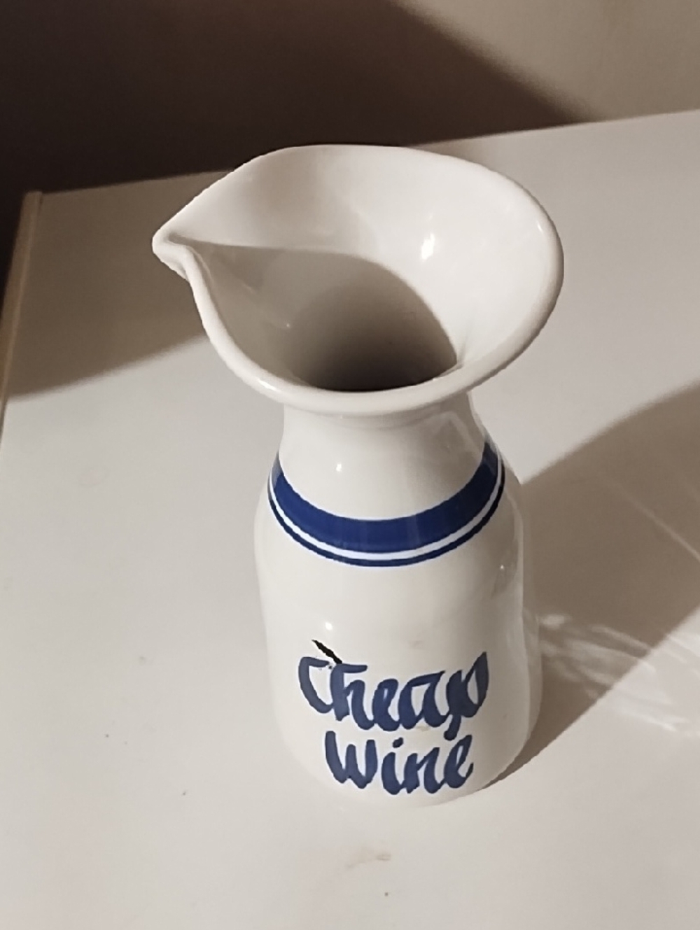 Ceramic White and Blue Wine Pourer Carafe - Unbranded VGC.